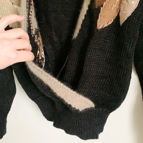 Vintage 80s 90s Black Tan Leaf Sequin Embroidered Crossover Sweater Medium - Picture 6 of 11